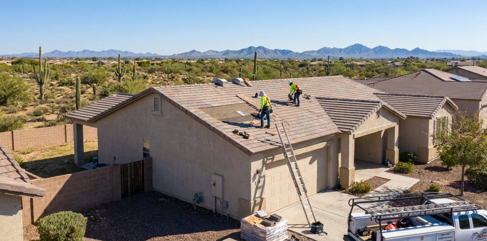Roofers repairing a suburban home roof in Mesa, Arizona with ladders and tools