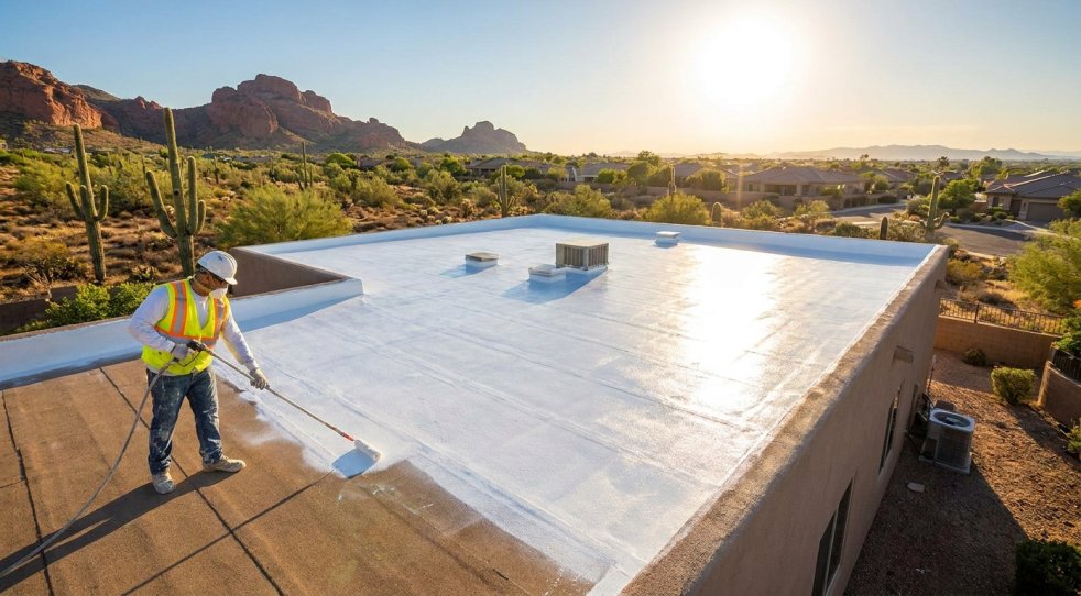 Worker applying roof coating on a flat home roof in Mesa, Arizona desert landscape